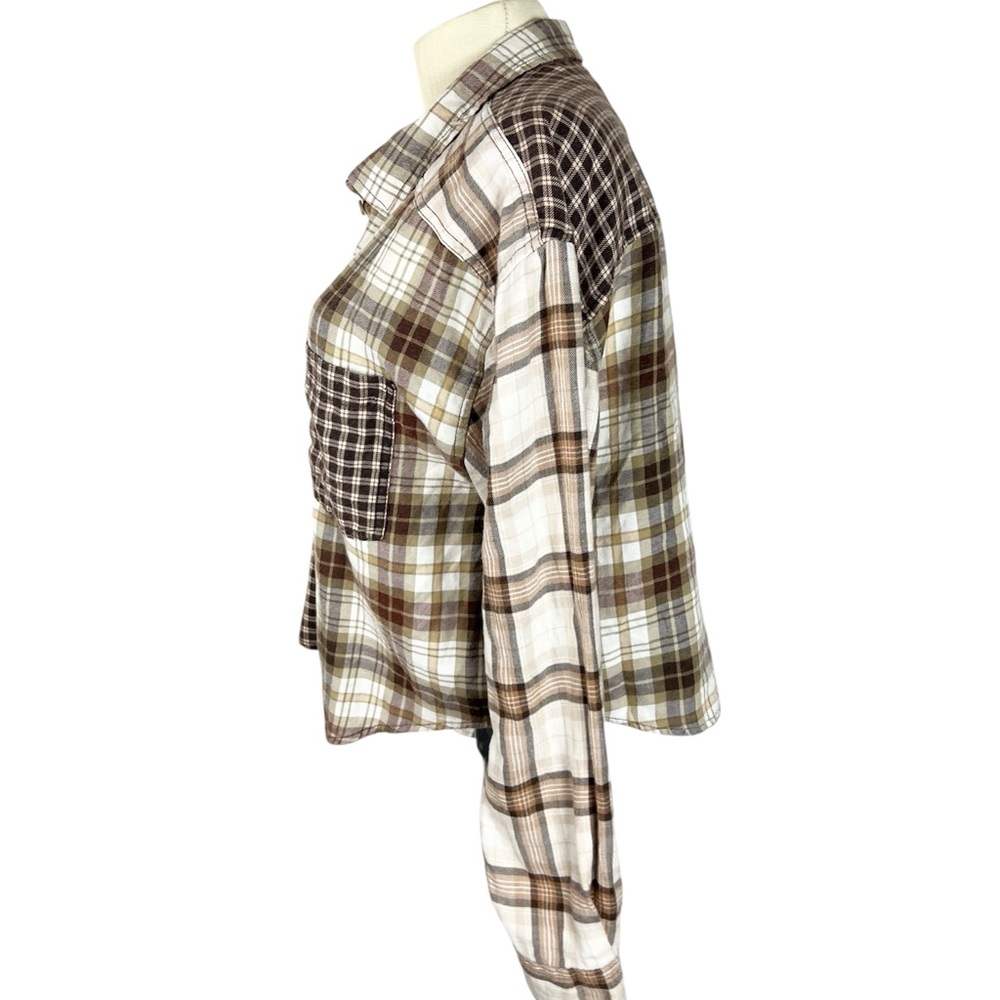 American Eagle Cropped Patchwork Mixed Plaid Flan… - image 2